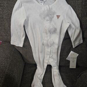 GUESS White Infant Footie with Tulle Flower Accents